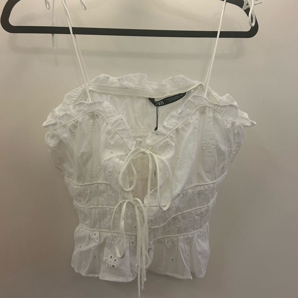 Zara White Eyelet Embroidered Bow Top